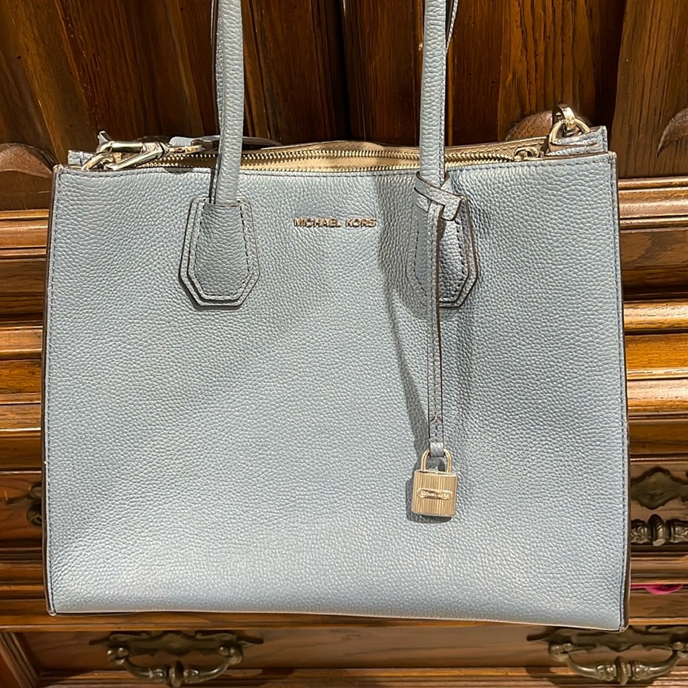 Michael Kors sky blue satchel with Crossbody strap and silver accent